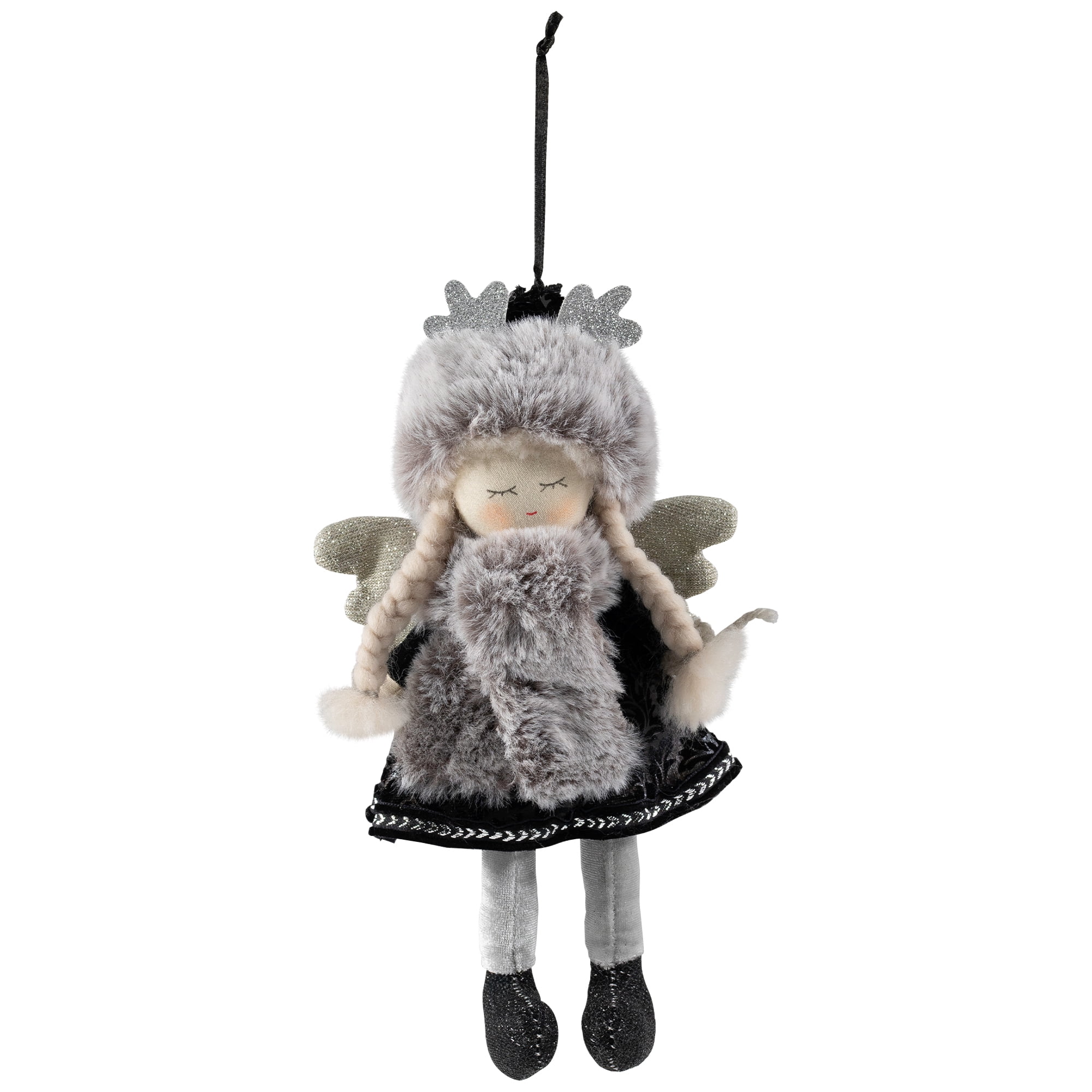 Northlight Plush Winter Angel Girl Hanging Christmas Ornament - 8.5" - Gray and Black