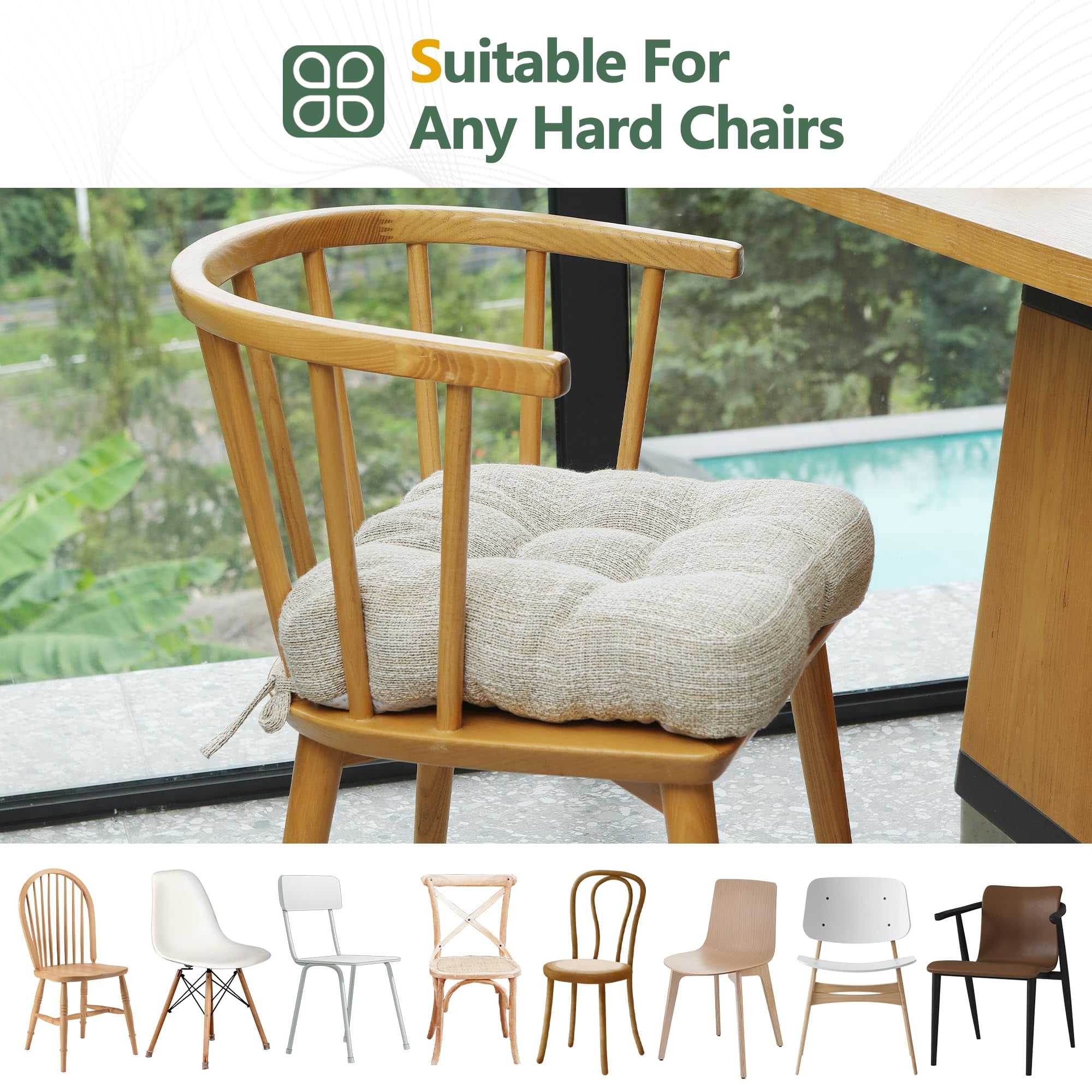 Chair Cushions for Dining Chairs Set of 2, 16.5" x 16.5" Tufted Memory Foam Seat Cushions, 3.5" Thick Olefin Fabric Kitchen Chair Pads with Ties & Non-Slip Backing, Light Brown