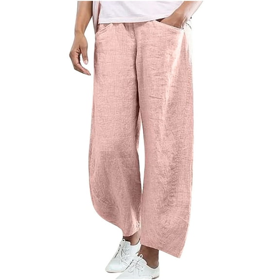 ShomPort Wide Leg Pants for Women Cotton Linen Solid Pants with Pocket Loose Casual Elastic Waist Trouser