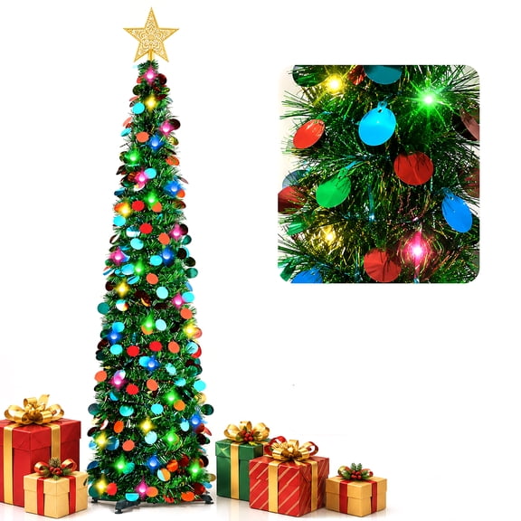 5Ft Pop Up Christmas Tree,Collapsible Christmas Tree with Star Topper & LED,Color Artificial Tinsel Pencil Xmas Trees for Indoor Home Office Party Christmas Decorations (Green)