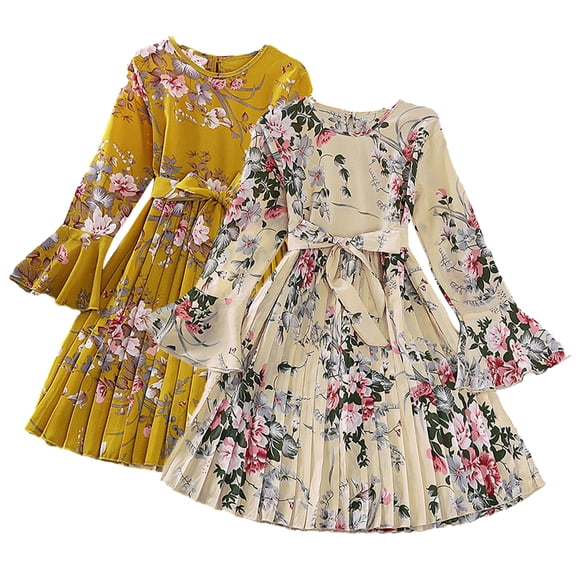 WOLLED 5-12T Kids Toddler Girls Long Sleeve Floral Dress Pleated Swing Casual Midi Dress