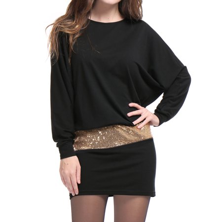Unique Bargains Women Dress Batwing Sleeves Sequins Accent