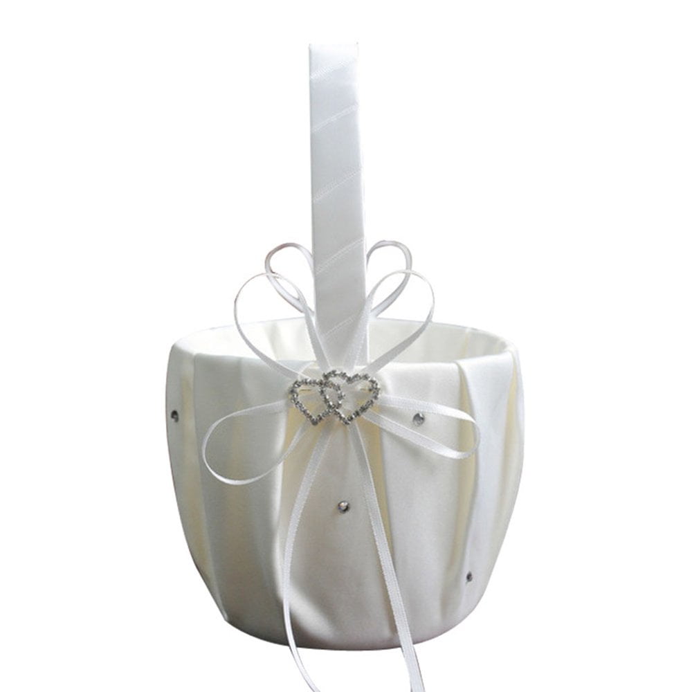 Panier De Fleurs De Mariage - Double Cœur En Satin Blanc Et Bleu, 13 X 22 Cm, Pour Petite Fille