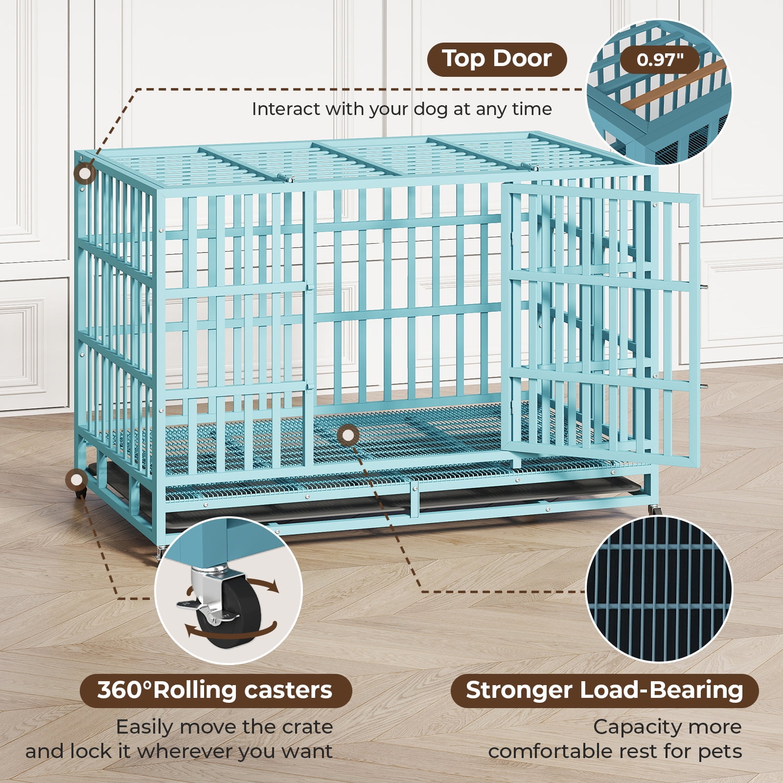 TIME RAY 48" Heavy Duty Dog Crate,Indestructible High Anxiety Dog Crate Cage for Outdoor and Indoor with Removable Tray,Blue
