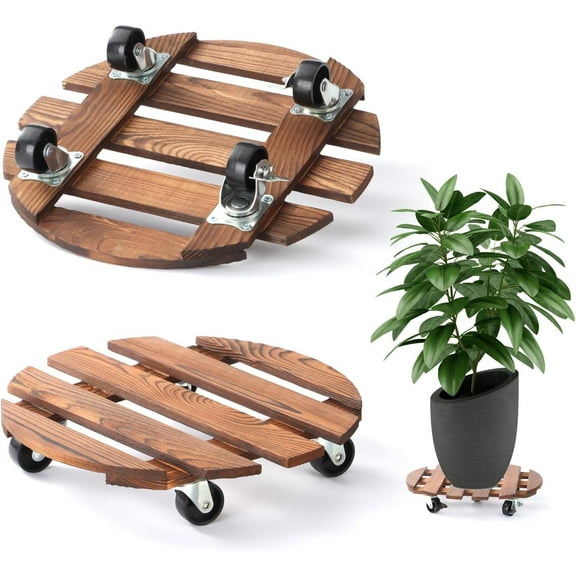 2 Pack Plant Caddy with Wheels, 12in Plant Stand Rolling Planter Caddy with Swiveling and Lockable Caster, Wooden Round Plant Dolly for Outdoor Indoor Large Plant Pots, Flower Pot, Patio