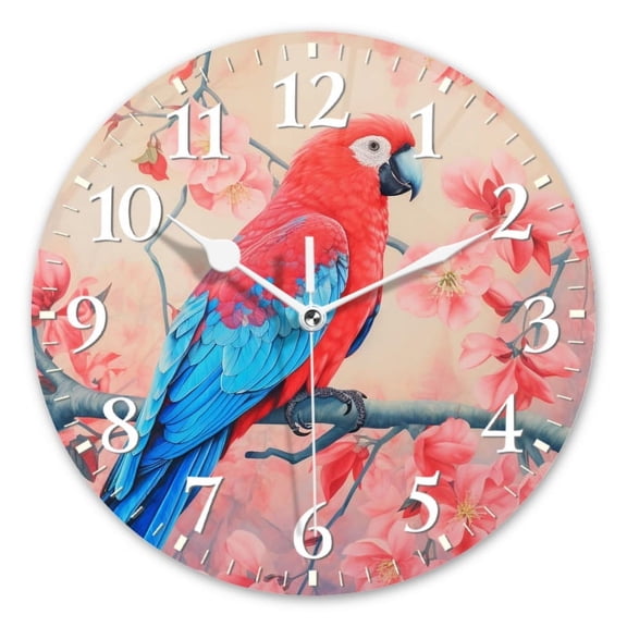 Non-Ticking Silent Wall Clocks Battery Operated Personalized Decor Clock for Living Room,Bedroom-Red Parrot Sitting On The Branch Of Blooming Tree(16inch)