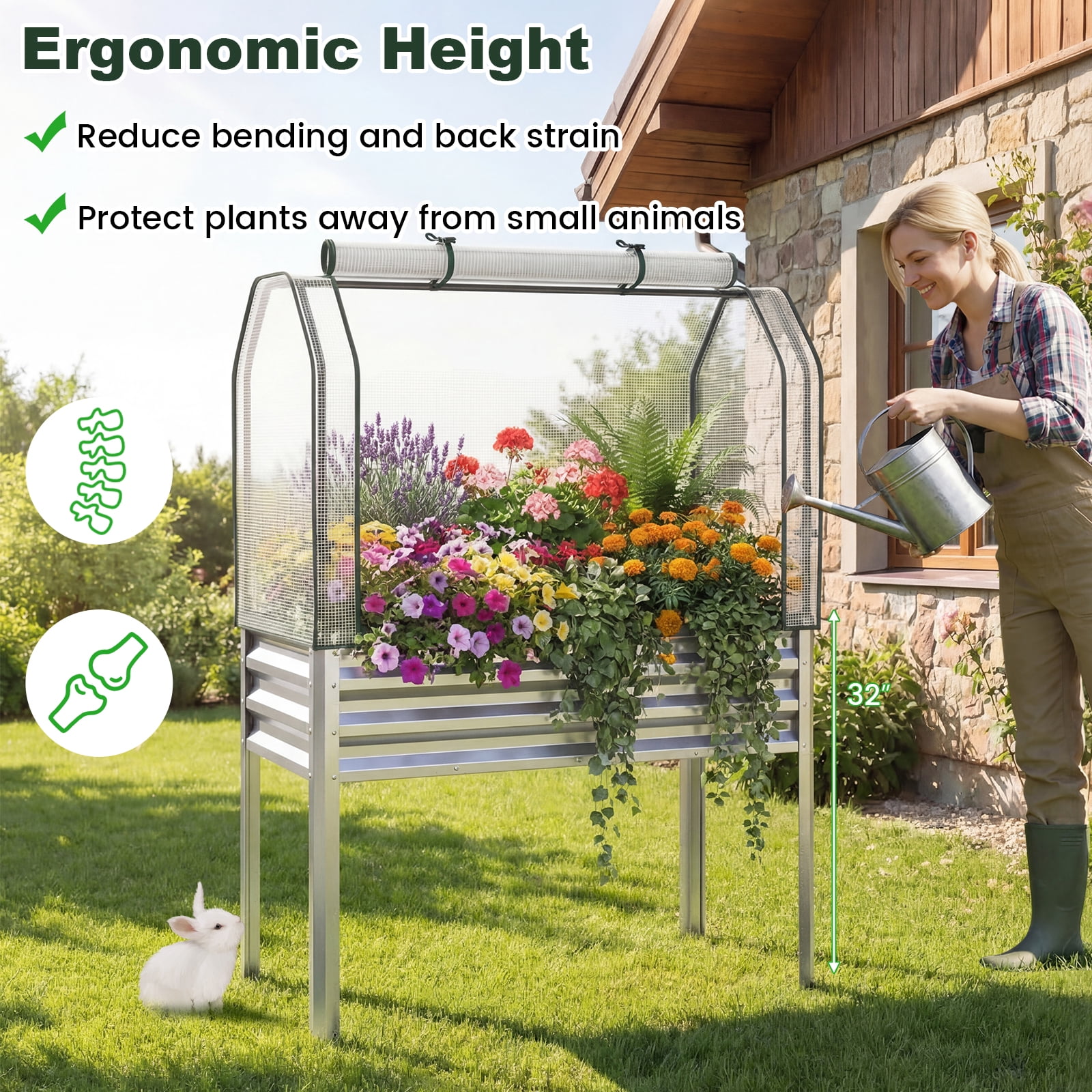 Costway 2 PCS Galvanized Raised Garden Bed with Legs Roll-up Door for Vegetable Flower Herb Silver