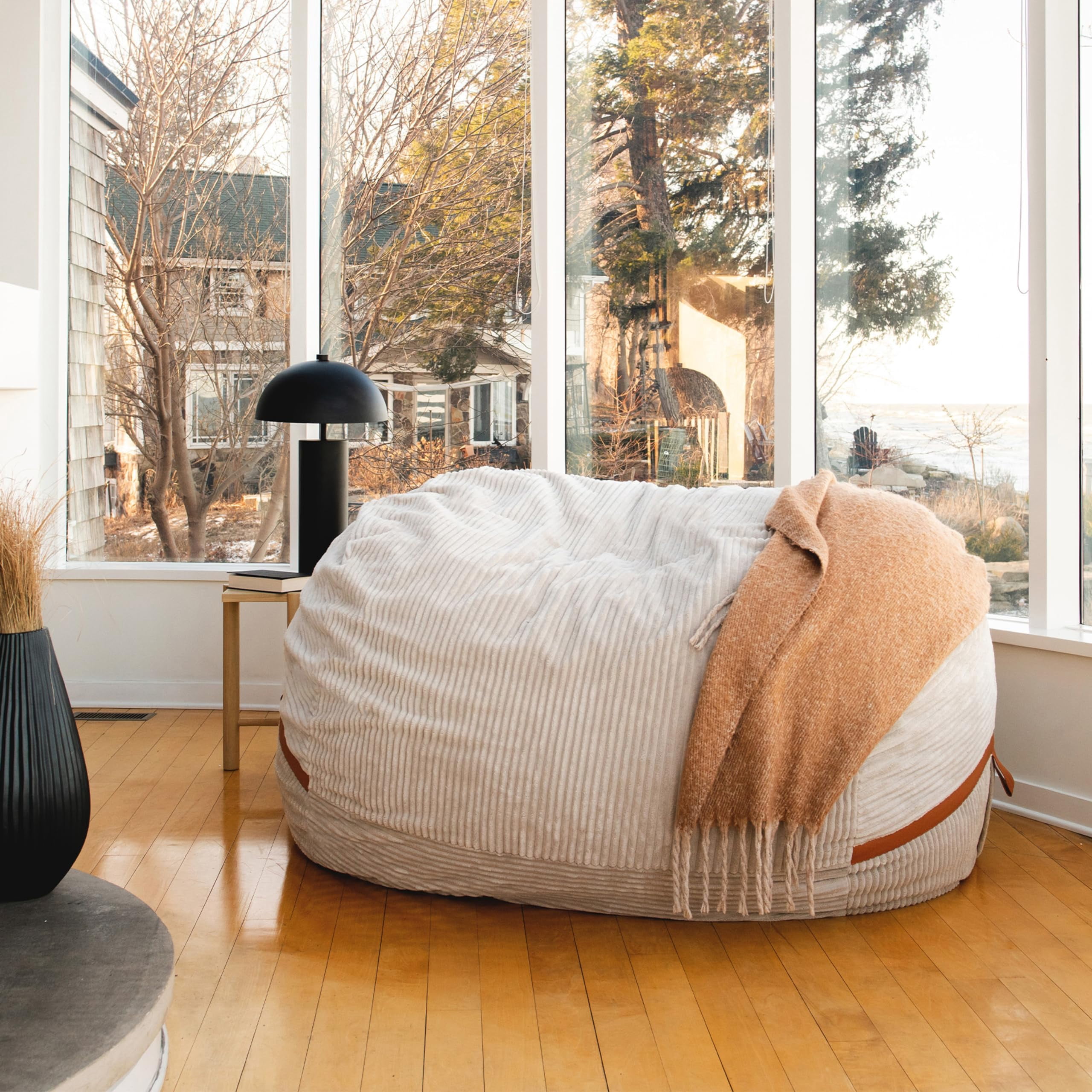 8Ft Giant Foam Bean Bag Chair, Oversized Couch with Removable Cover for Kids, Teens, Adults, Vanilla Latte Corded Plush, 8 Foot