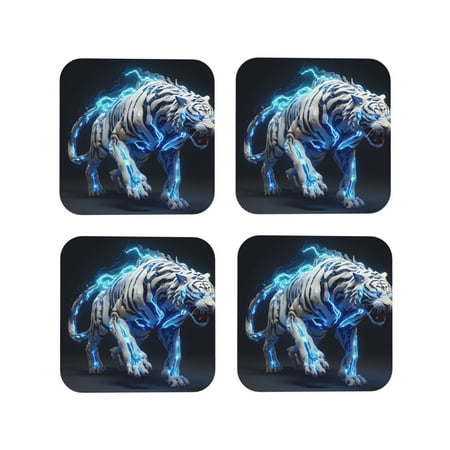 

Fuzoiu Futuristic Blue Light White Tiger Print Leather Coasters Set Drink Coasters Set of 4 for Tabletop Protection Durable PVC Coasters Home Décor and Housewarming Gift-Square