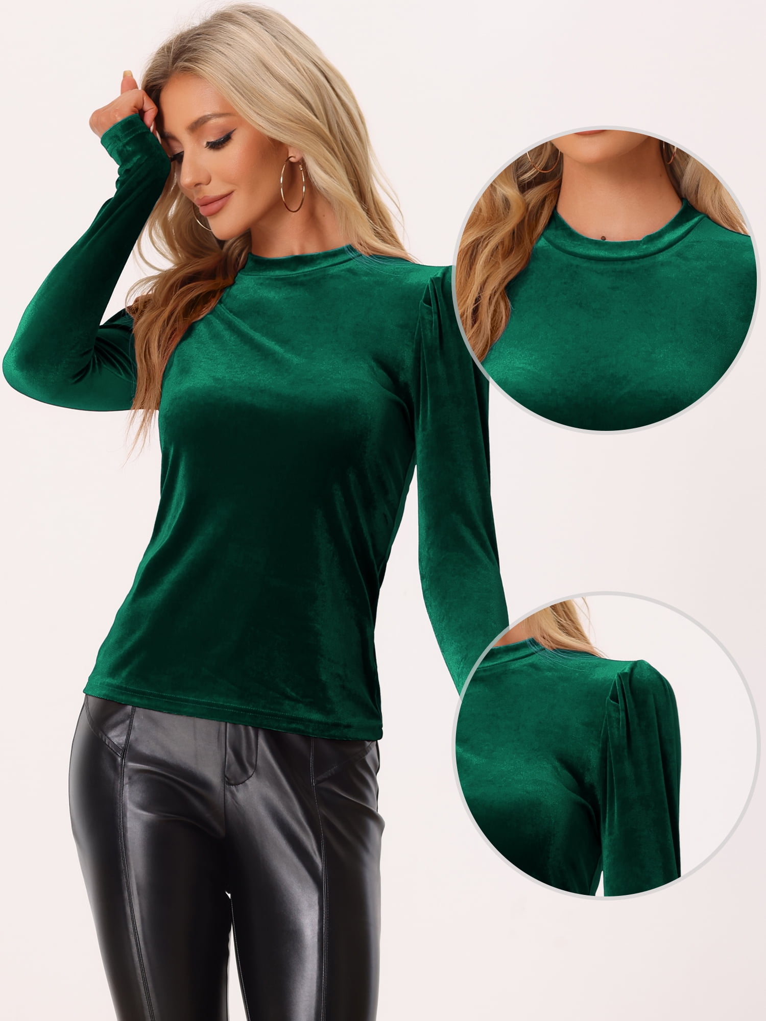 DARING DIVA Metallic Glitter Velvet Mock Neck Puff Blouse M Dark Green