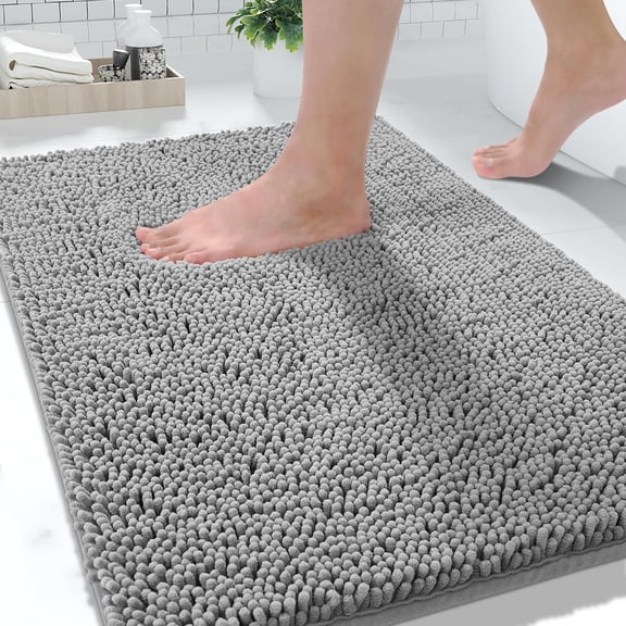 LQSEO Washable Bathroom Rugs,Super Soft&Absorbent Chenille Bath Mat for Floor&Carpet,Quick Dry Non Slip Bath Mat for Tub Shower,Chenille Bath Mat 24" X 17",Gray