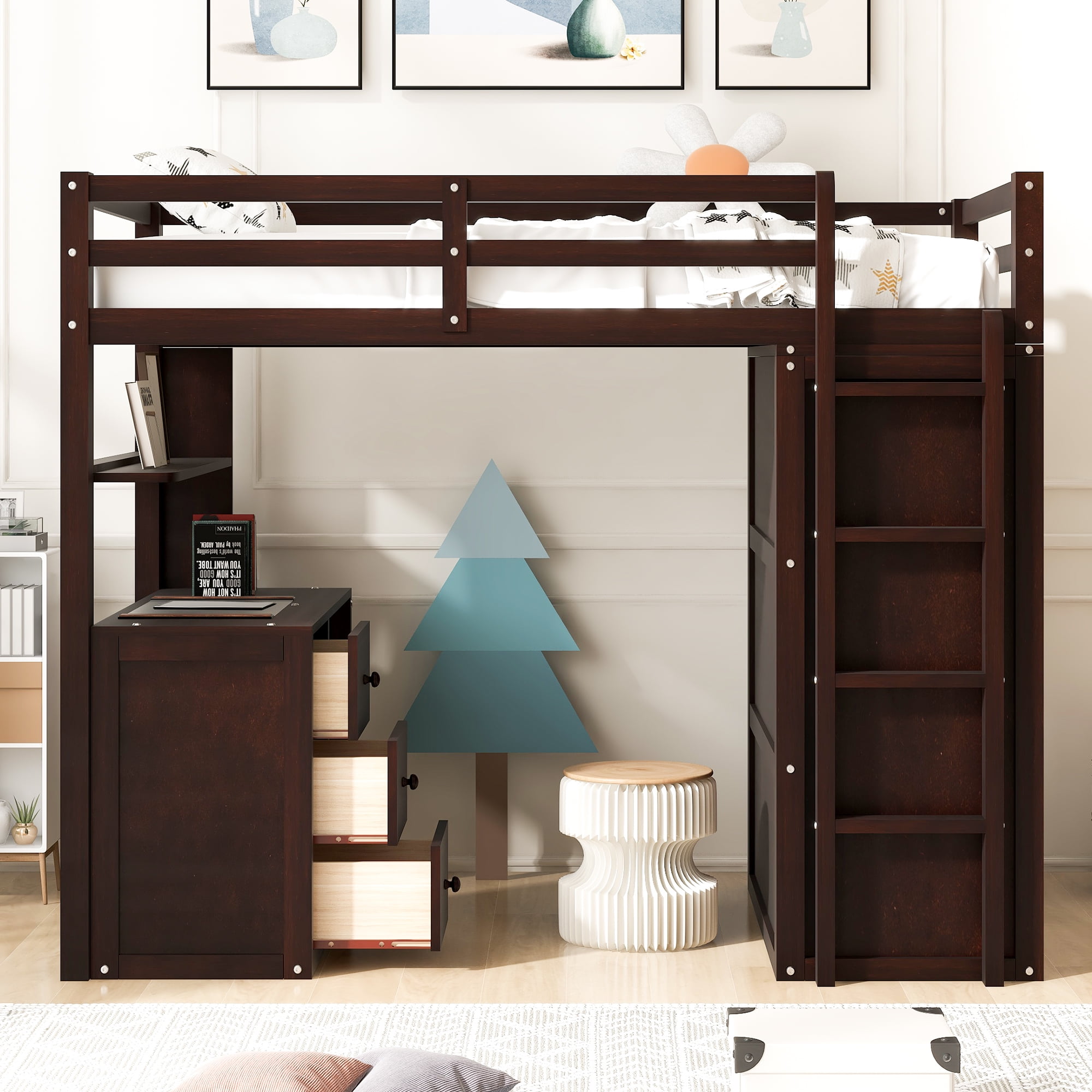 Aukfa Loft Bed with Wardrobe and Drawers Kids Solid Wood Twin Bed with Desk Espresso