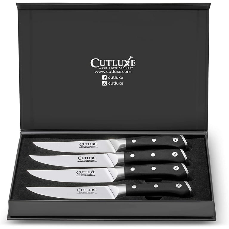 Cutluxe Steak Knives, Set of 4 Plain Edge Steak Knife, Black