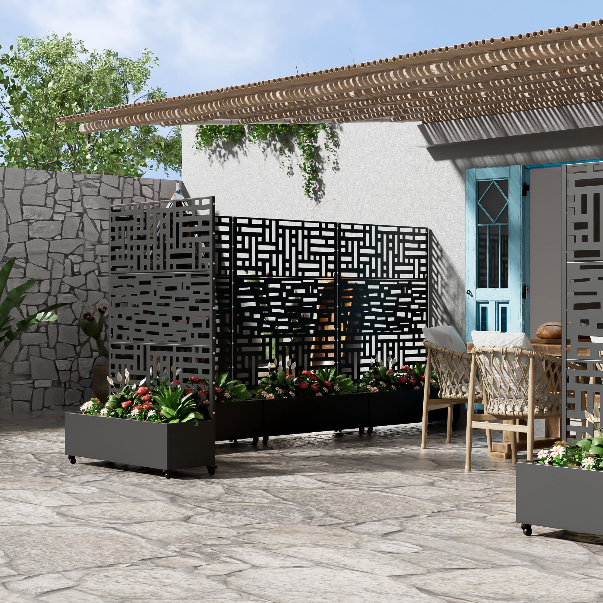 MAYEERTY 47*16*72" Outdoor Black Metal Planter Box with Trellis for Climbing Plants, Street Pattern Panel