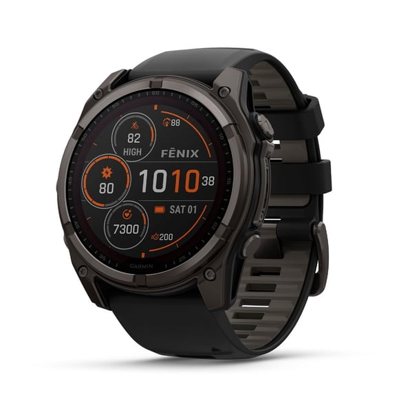 Garmin fēnix 8 – 47 mm, AMOLED, Saphir, Montre Intelligente GPS Multisport Haut de Gamme, Autonomie Longue Durée, Homologuée pour la Plongée, Lampe de Poche LED Intégrée, Titane avec Bracelet Spark Orange/Graphite