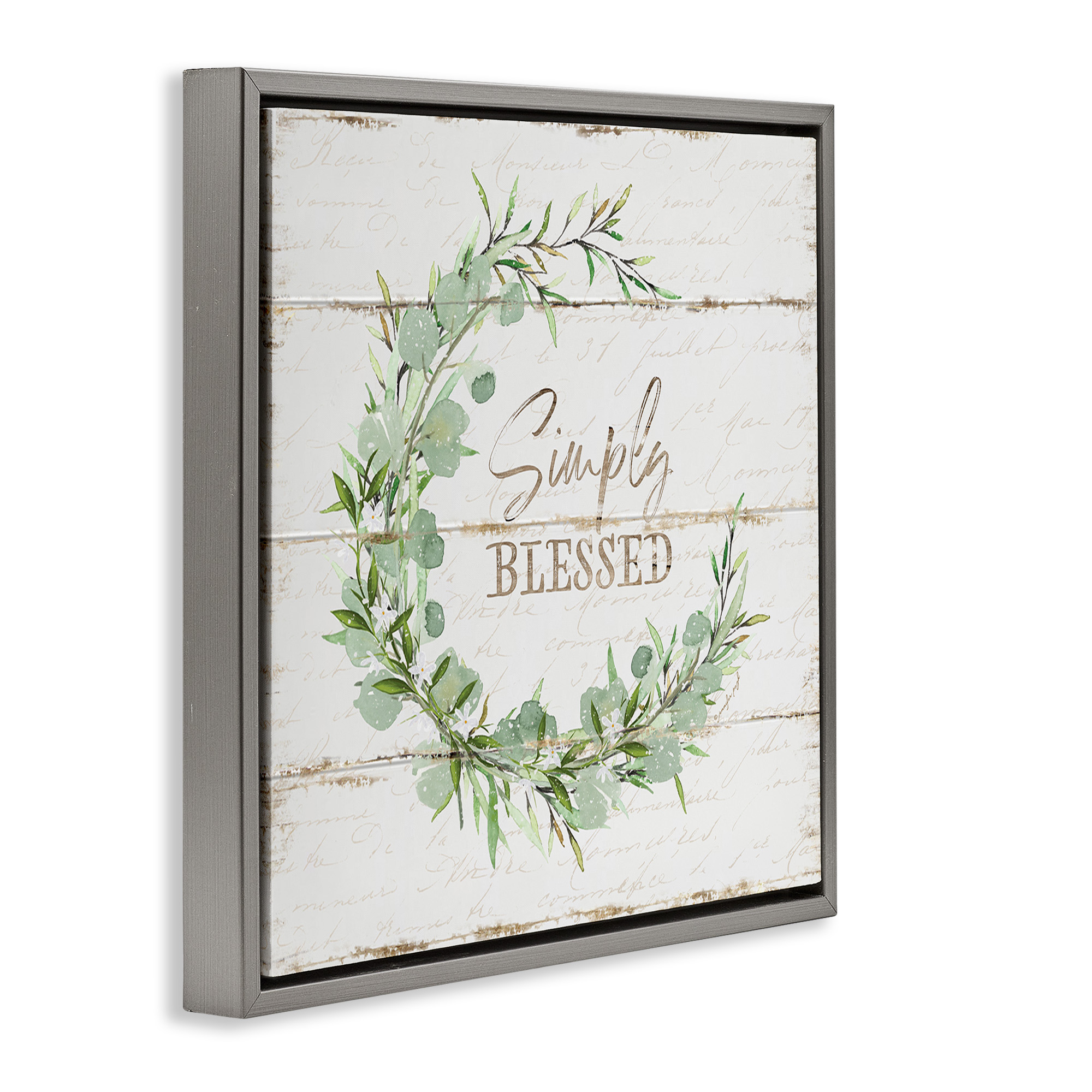 Stupell Industries Simply Blessed Rustic Wreath Typography Painting Gray Floater Framed Canvas Art Print Wall Art, 18 x 18
