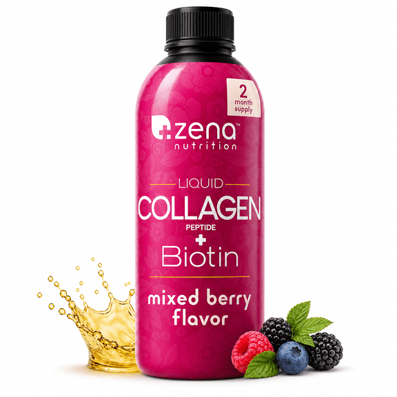 Zena Nutrition Liquid Collagen & Biotin, Mixed Berry, 20.3 Fluid Ounces, 60 Servings for 2 Months