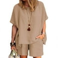 thumbnail image 4 of REORIAFEE Womens Outfits Lounge Sets Summer Outfits Women Casual Summer Round Neck Short Sleeve Tops Shorts Two Pieces Set Suit Coffee L, 4 of 7