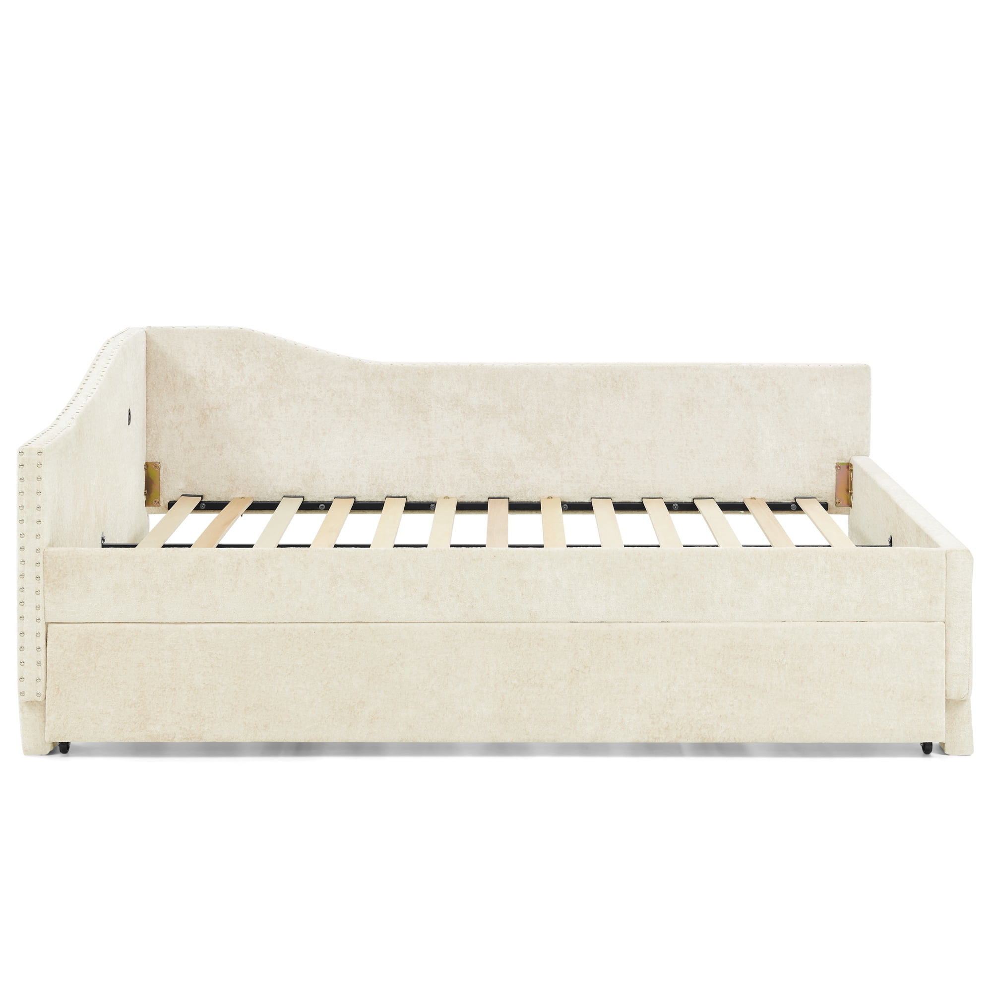 Twin Size Daybed,Chenille Upholstered Daybed with Pull-Out Trundle & Built-In USB Charging Port,2-in-1 Space Saving Sofa Bed for Guest Room,Small Space,Beige
