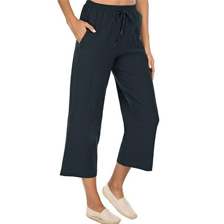 

MAWCLOS Women Linen Pajama PJ Capris Yoga Workout Crop Pant Palazzo Wide Leg Elastic High Waist Casual Lounge Active Wear Pocket