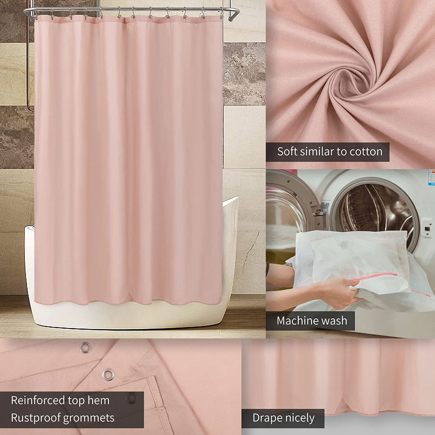 RunMin Grocery Store Pink Shower Curtain Liner Fabric with 3 Magnets - Waterproof Soft Hotel Quality Cloth Shower Curtain for Bathroom, Light-Weight & Machine Washable - Standard 72x72, Blush Pink