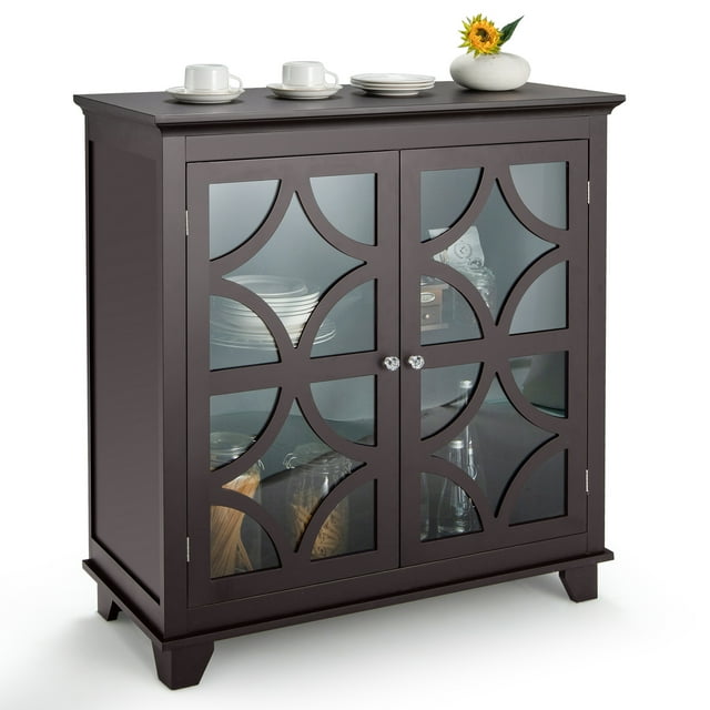 Costway Kitchen Storage Cabinet Buffet Sideboard w/ Glass Doors & Adjustable Shelf Brown