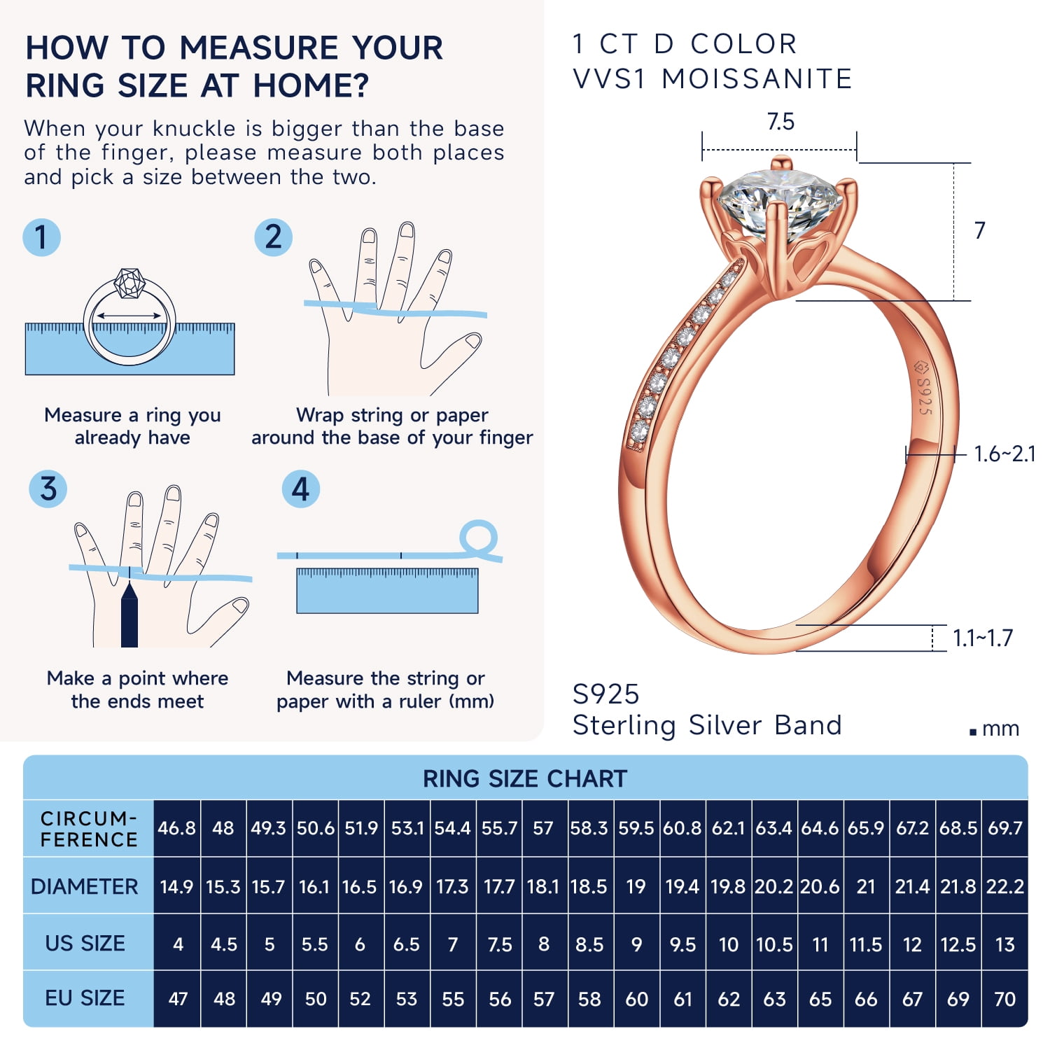 MomentWish 14K Rose Gold Plated Wedding Rings 1 Carat Moissanite Engagement Rings for Women Promise Rings Size9