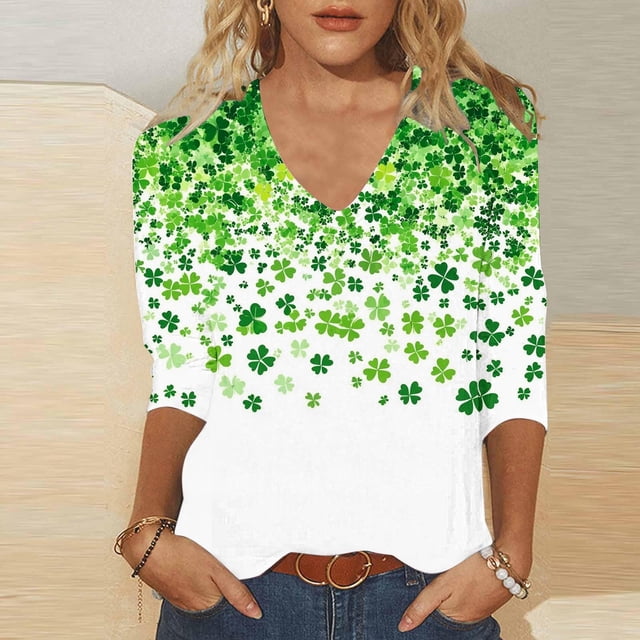 TaTaai Women St. Patrick's Day Fashion Print V-Neck 3/4 Sleeve T-Shirt Loose Casual Top Ladies Spring Holiday Street Wear Lightweight Breathable Non-See-Through No Fading Soft Top Gift