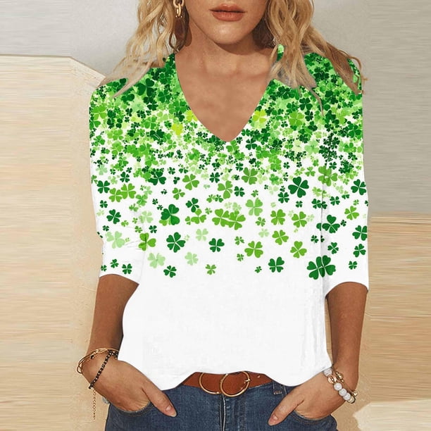 TaTaai Women St. Patrick's Day Fashion Print V-Neck 3/4 Sleeve T-Shirt Loose Casual Top Ladies Spring Holiday Street Wear Lightweight Breathable Non-See-Through No Fading Soft Top Gift