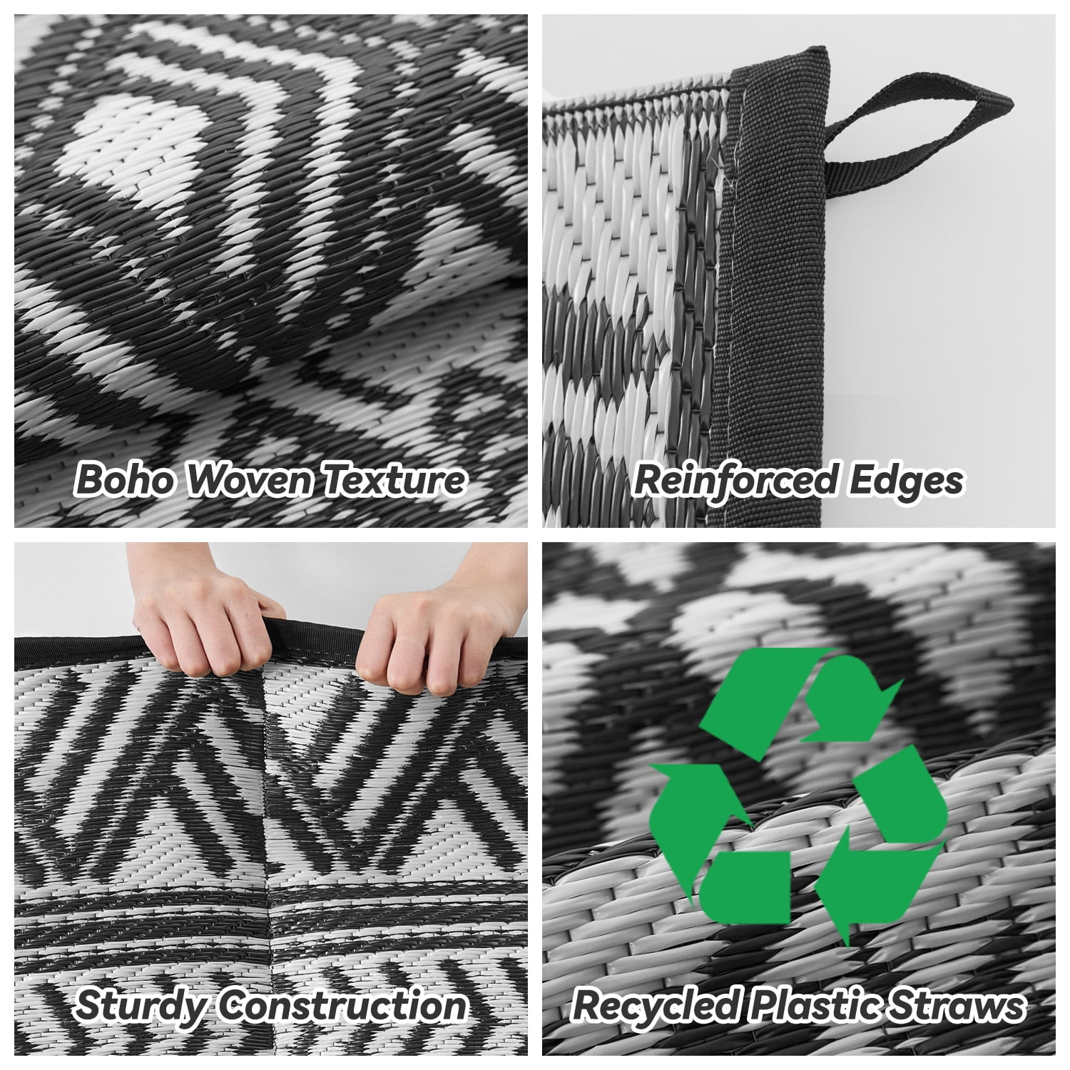 SIXHOME Outdoor Rug 5'x8' Waterproof Reversible Patio Rug Boho Geometric Indoor Outdoor Rugs Lightweight Plastic Straw Ourdoor Carpet for RV Camping Deck Balcony Modern Porch Decor Black and White
