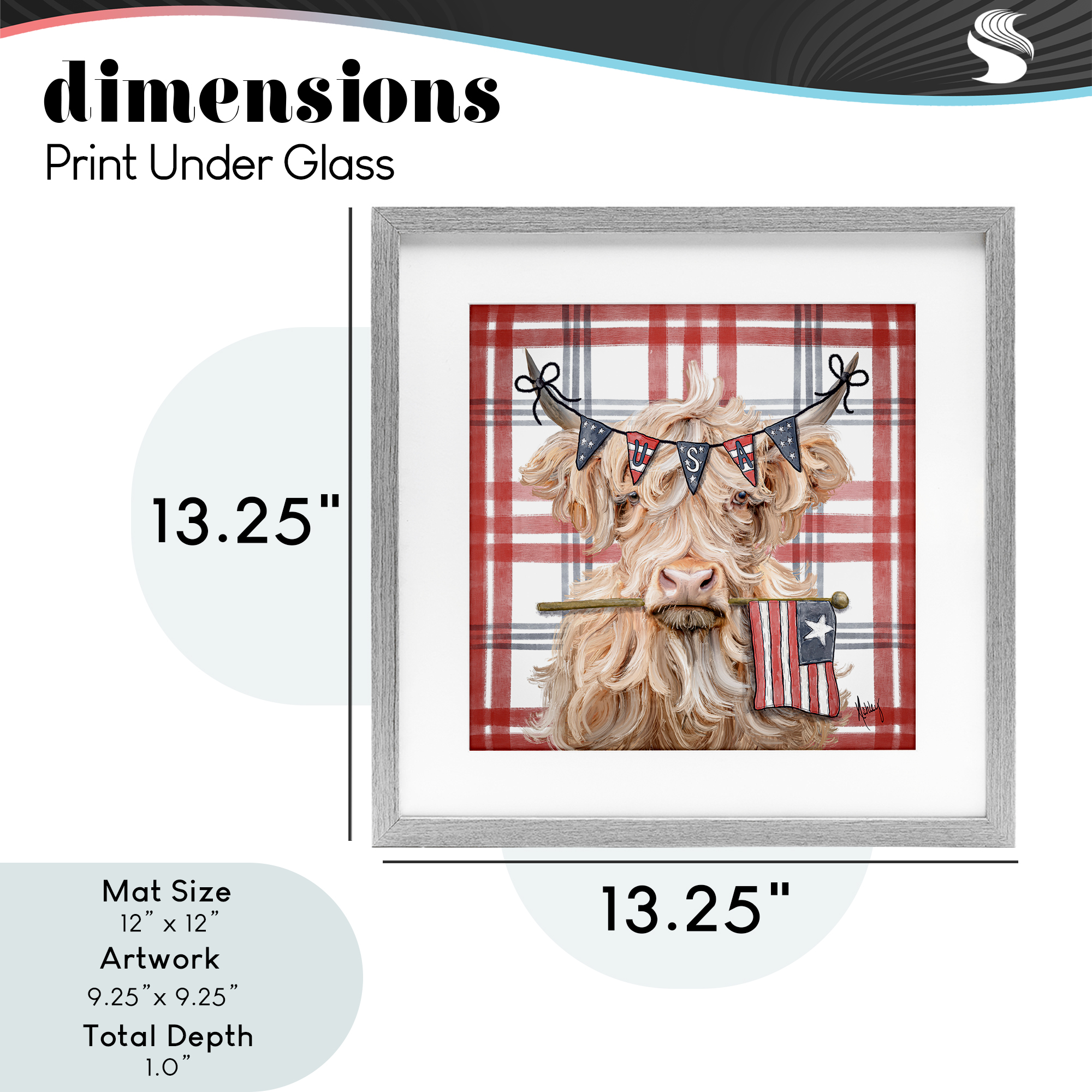 USA Plaid Highland Cattle Gray Framed Print Under Glass, design by Ashley Bradley