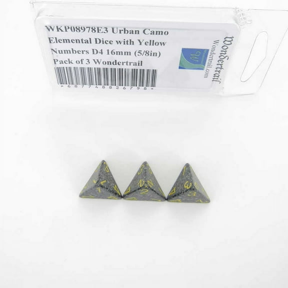 Urban Camo Elemental Dice with Yellow Numbers D4 16mm (5/8in) Pack of 3 Wondertrail