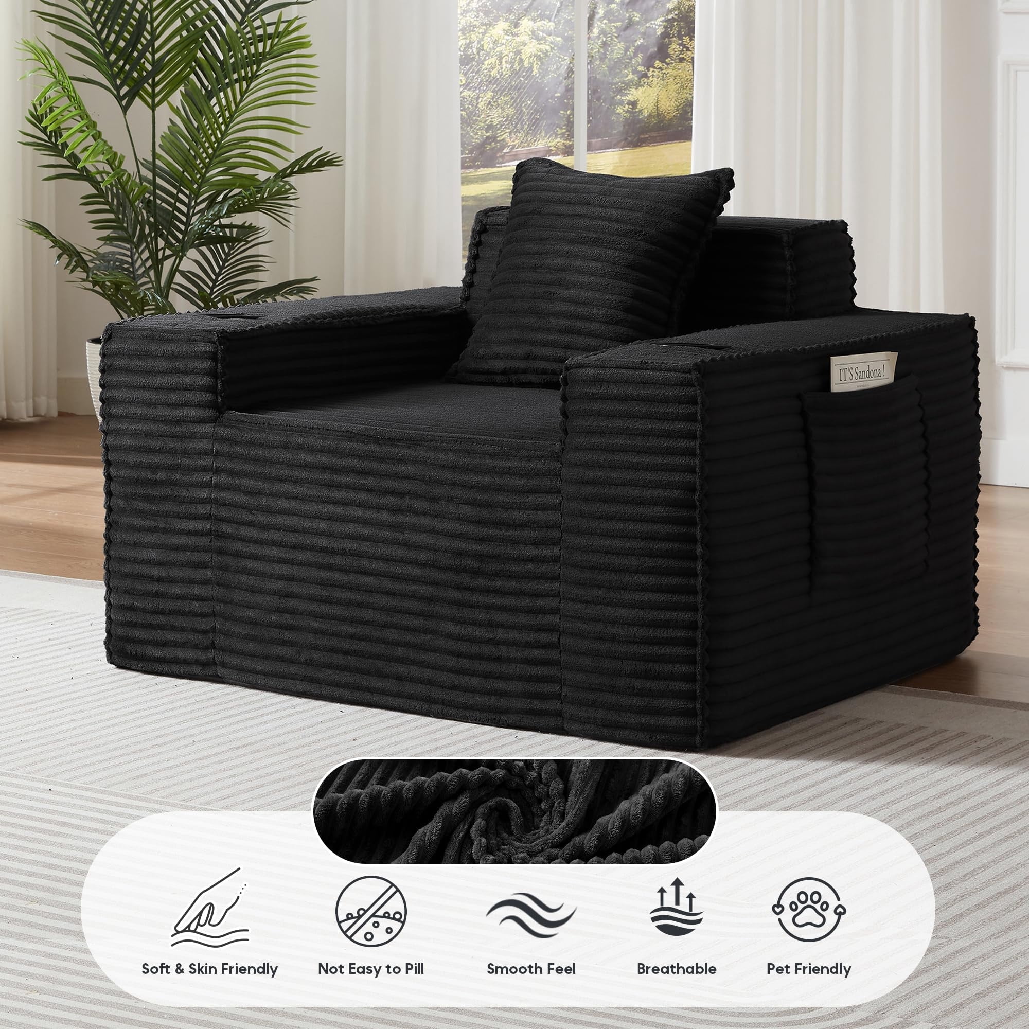 Aukfa 3 Piece Boneless Couch Set, Cloud Sofa Armchair w/ 2 Cup Holders&Storage Pockets for Living Room, Corduroy, Black