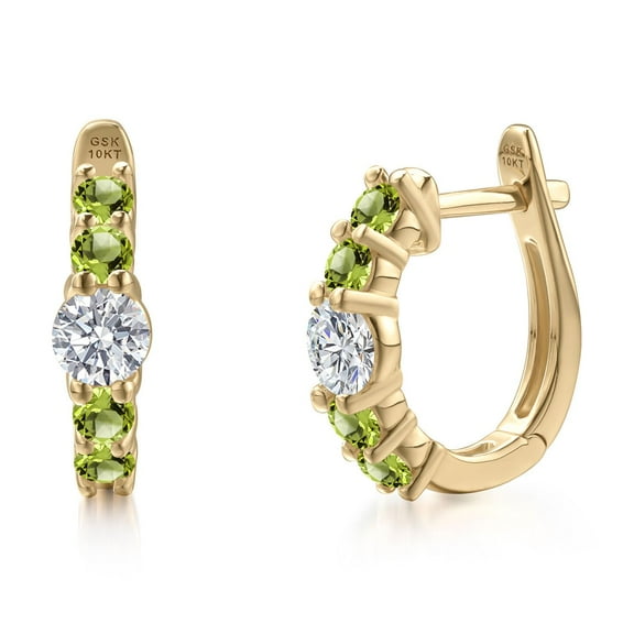 Gem Stone King 10K Yellow Gold Lab Grown Diamond and Green Peridot Hoop Earrings for Women | 1.10 Cttw | Gemstone April Birthstone | Round 4MM