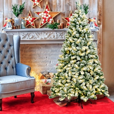 Gymax 6ft Pre-lit Snow Flocked Christmas Tree Hinged Pine Tree Holiday Decoration