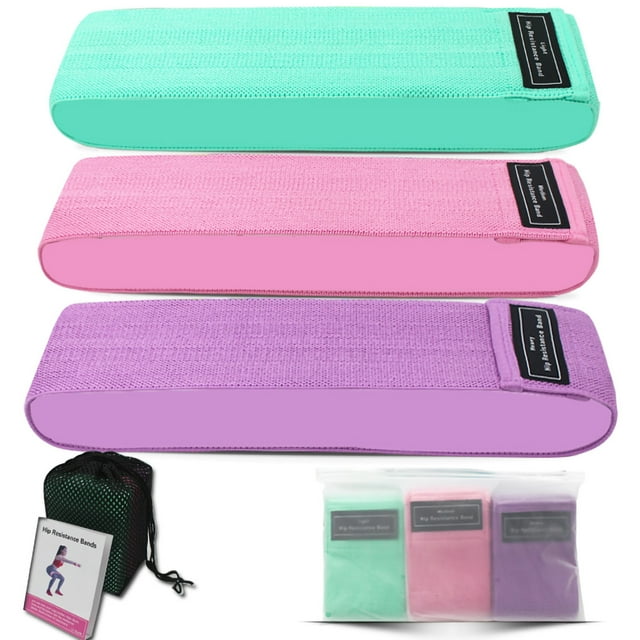 3 bandas de resistencia para yoga, de tela, antideslizantes, para sentadillas y cadera, para ejercicio físico, color verde, rosa y morado.
