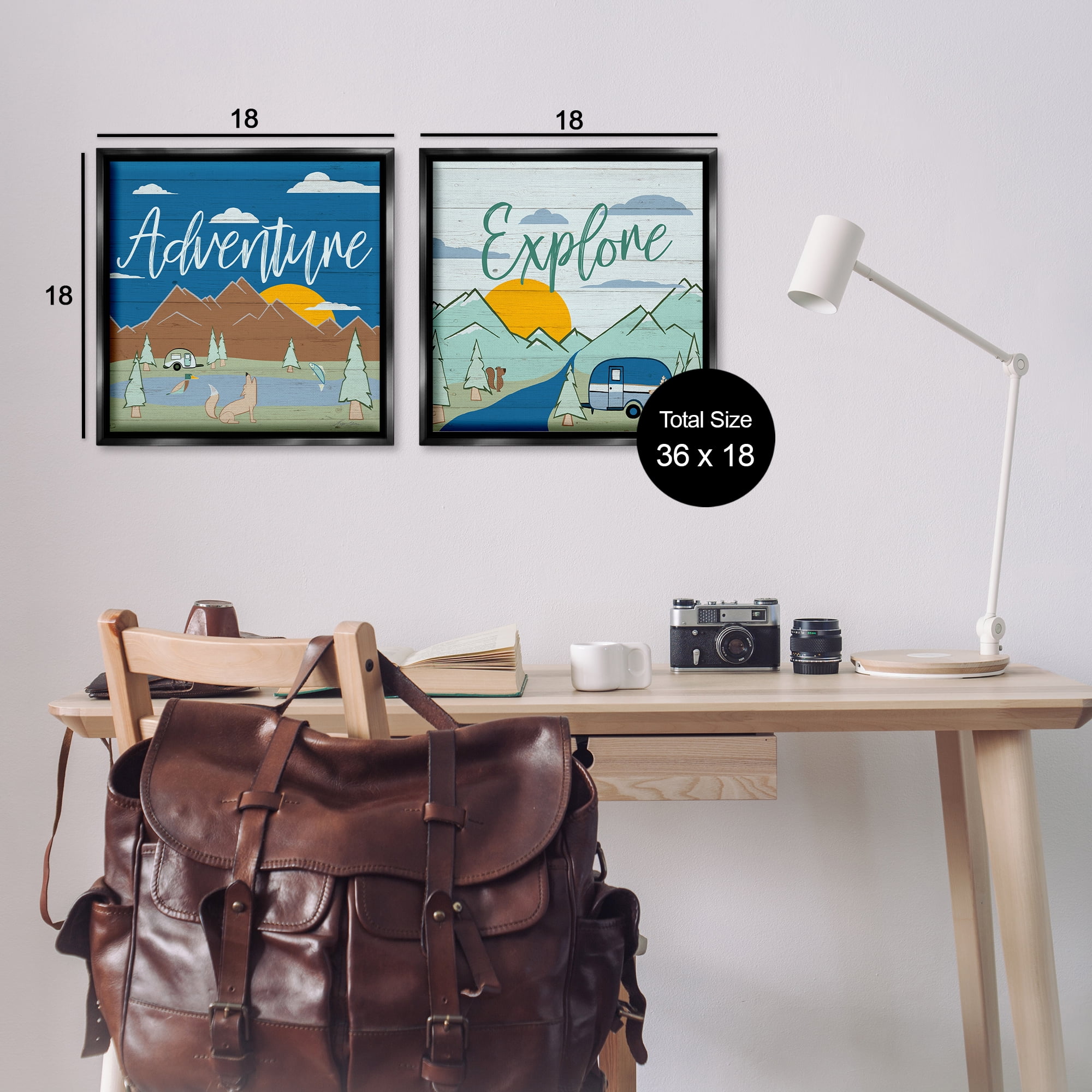 Stupell Industries Adventure Explore Camping Landscape & Nature Painting Black Floater Framed Canvas Art Print Wall Art, 18 x 18, Set of 2