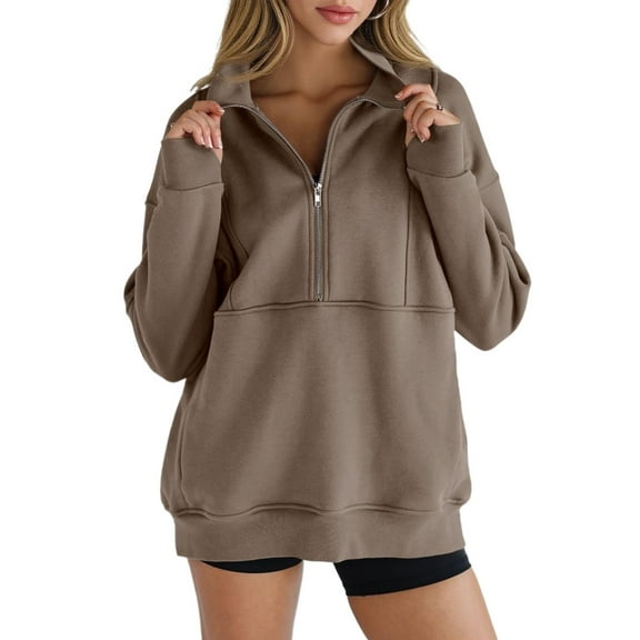 Women's Half Zip Sweatshirts Fleece Stand Collar Long Sleeve Thumb Hole Oversized Pullovers with Pockets