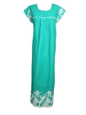 Women Green Nightwear Cotton Printed Sleepwear Maxi Dress, House Dress Holiday Boho Nightgown, Caftan Dress, L