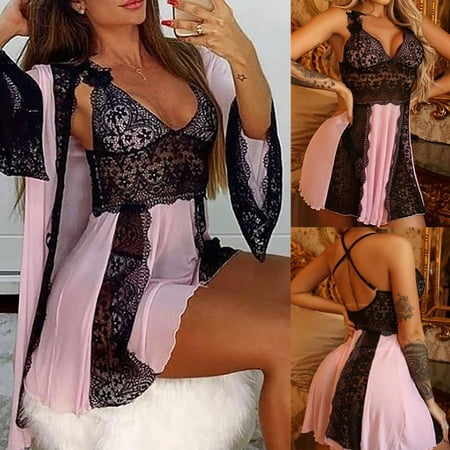 Rewenti Embroidered Lace Hollow Out Cross Backless Babydoll Nightdress Pajamas Bath Robe Black XL(XL)
