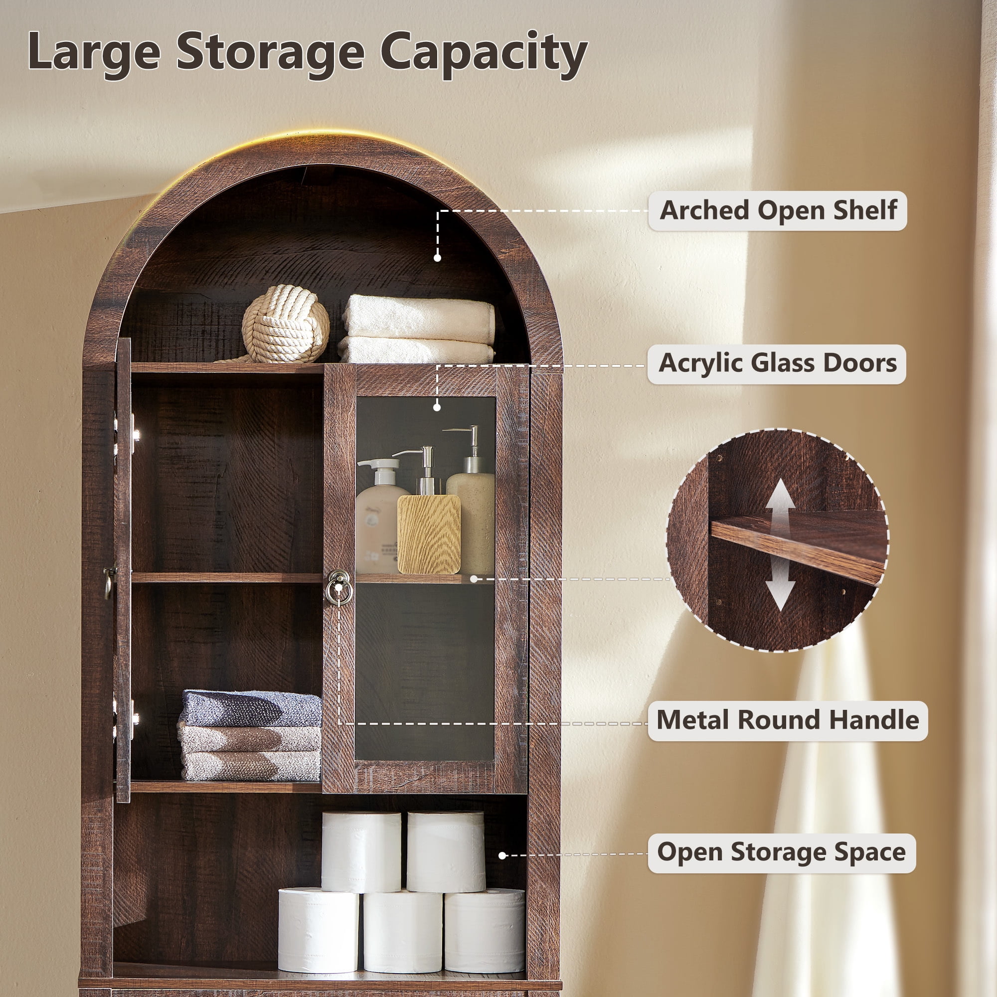 SinCiDo Arched Over The Toilet Storage Cabinet, Modern Bathroom Shelf Over Toilet with Acrylic Doors, Wooden Bathroom Space Saver Organizer above Toilet with Adjustable Shelf