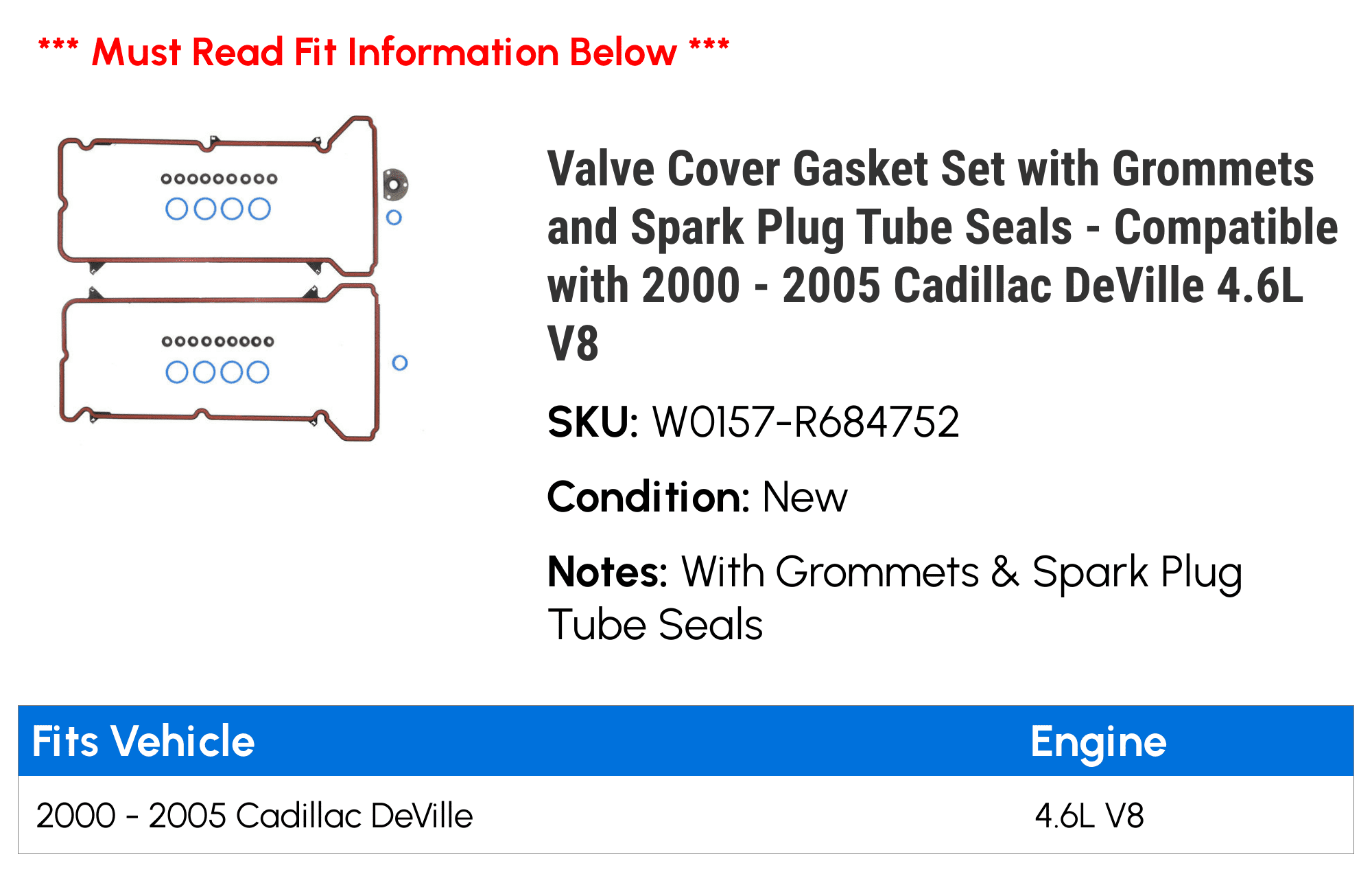 Valve Cover Gasket Set with Grommets and Spark Plug Tube Seals Compatible  with 2000 2005 Cadillac DeVille 4.6L V8 2001 2002 2003 2004
