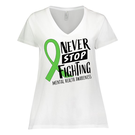 Inktastic Never Stop Fighting Mental Health Awareness Green Ribbon Women's Plus Size V-Neck T-Shirt