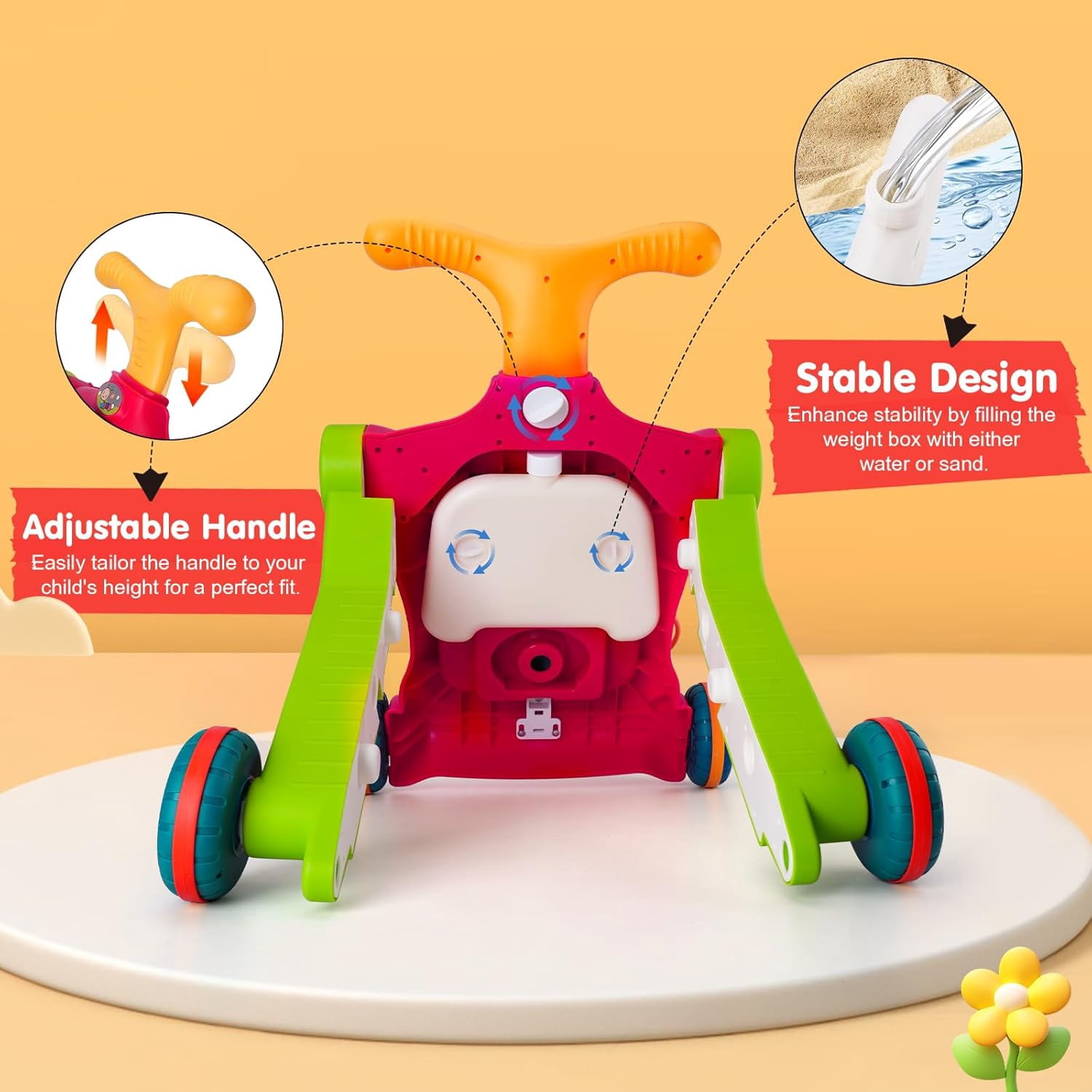 AuntyFey 5-in-1 Baby Walker, Adjustable Height Push Walker with Wheels, Sit to Stand Infant Learning Toy for Boys Girls, Red