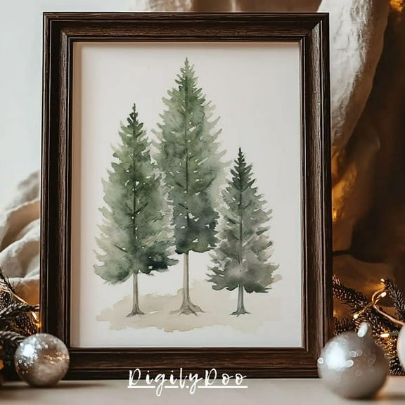 Christmas Pine Tree Print, Christmas Decor Wall Art, Evergreen Trees Watercolour , Vintage Winter Forest Landscape Poster- Wall Art Print, 8x12 UNFRAMED