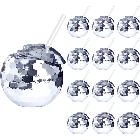 Disco Ball Cups, 20OZ Disco Party Cups with Lid and Reusable Straw Flash Ball Cocktail Cup for Party Nightclub Bar Supplies Wine Drinking Syrup Tea Bottle (12, Sliver)