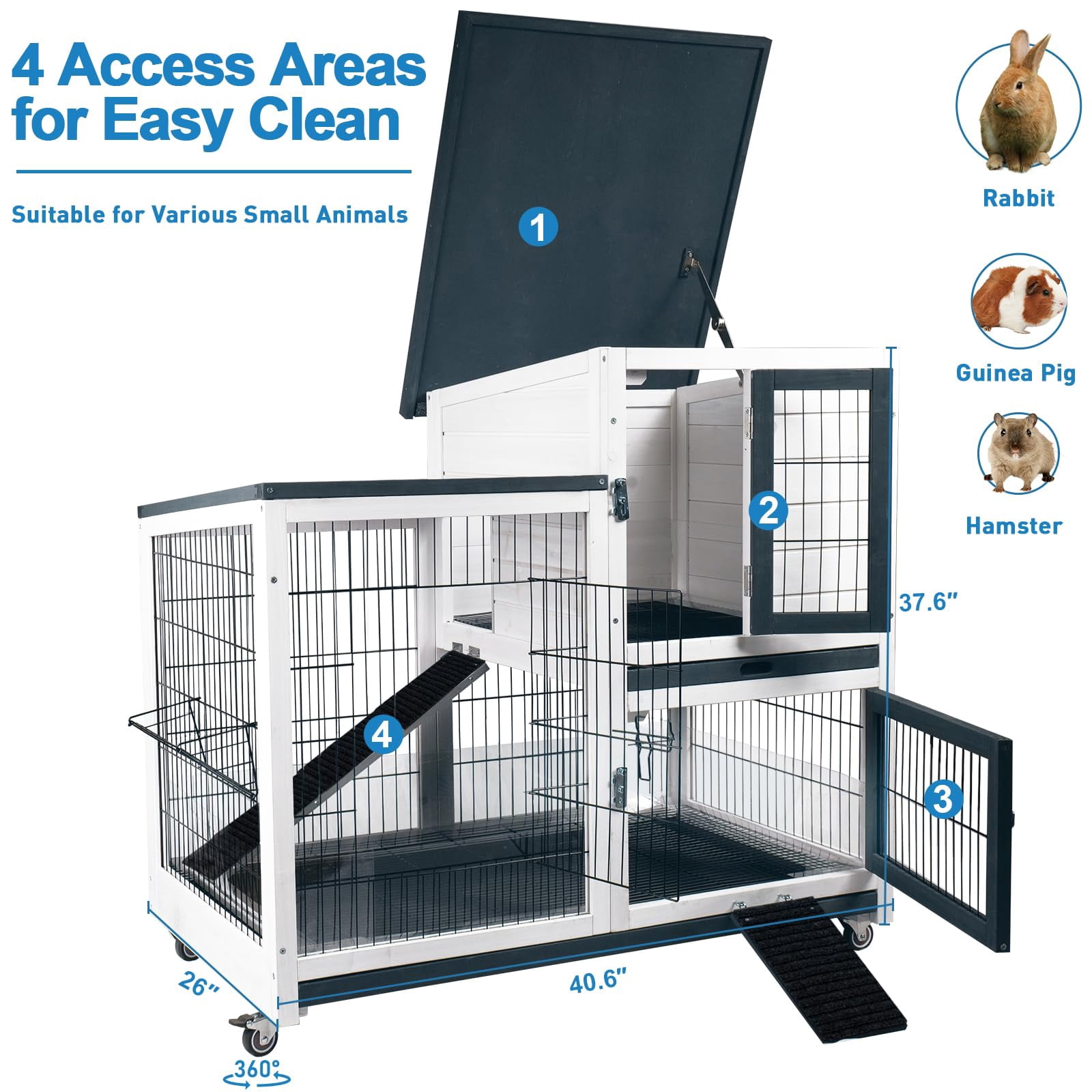 Rabbit Hutch Indoor Bunny Cage Outdoor 2 Storey Mobile Guinea Pig Cage with Urine Guards Wire Bottom 2 Deep Trays for Small Pets, White