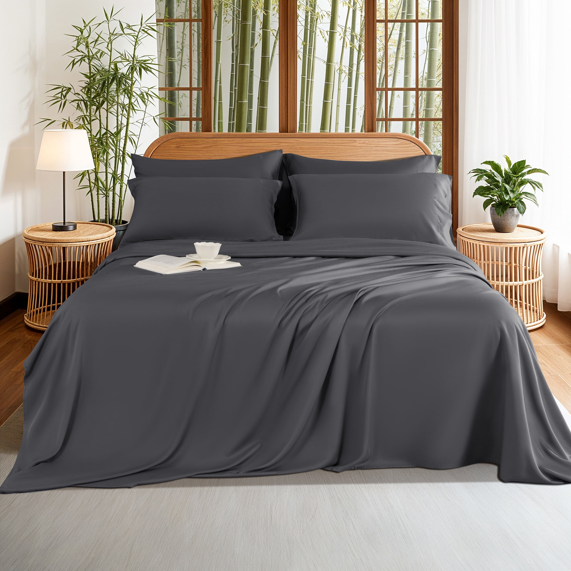 Sonoro Kate 100% Organic Luxurious Bamboo Sheets, King Sheet Set 6-Piece with 16" Deep Pocket, Silky Smooth Luxury Bed Sheets, Dark Gray