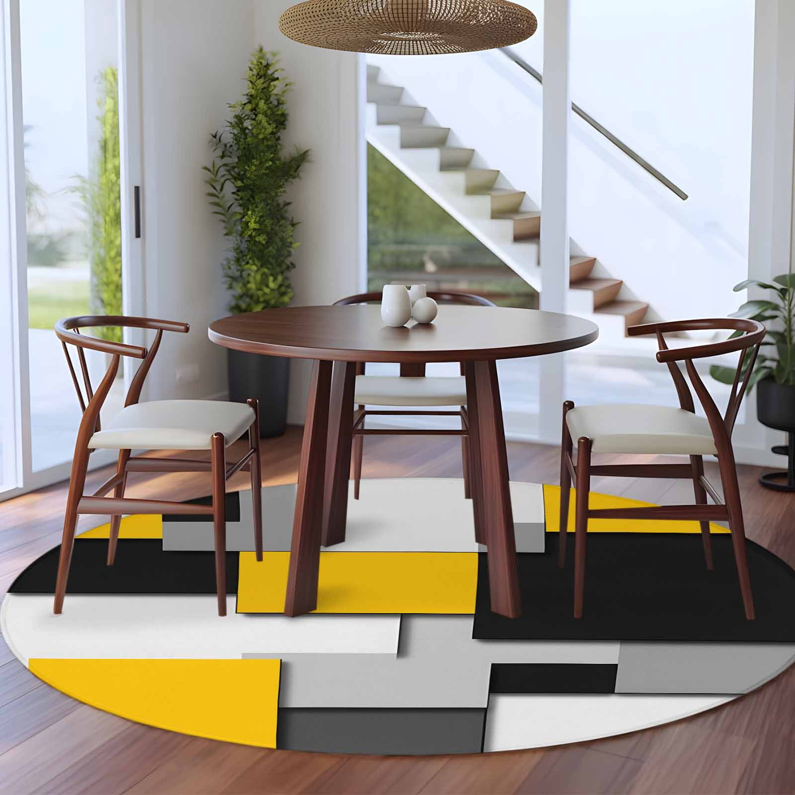 Round Rugs 6 Ft, Yellow Grey Black Geometric Non Slip Area Rugs for Kitchen Bedroom Entryway, Modern Abstract Art Washable Carpet Runner Rug Floor Mats for Bedroom Home Decor