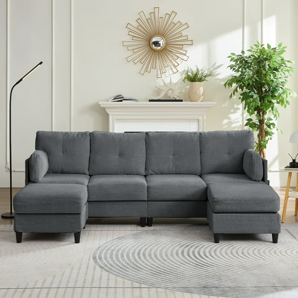 Mjkone 4-seater U Shaped Sectional Sofa, Corduroy Sectional Couch with Chaise, Modern Modular Couches and Sofas for Living Room-Dark Grey